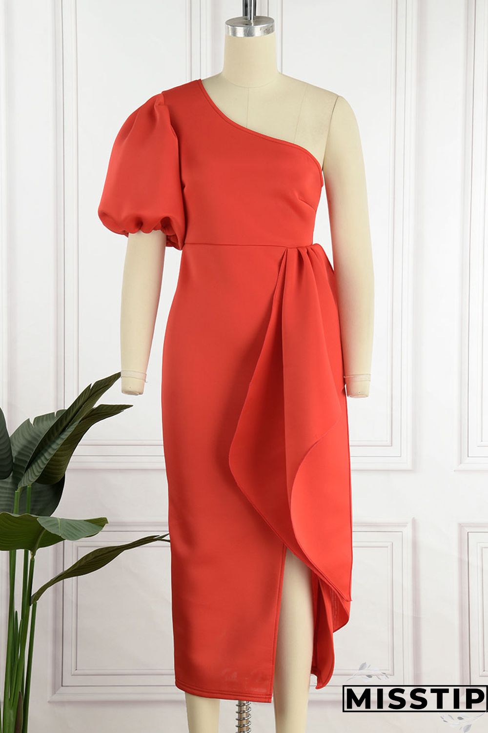 Red Elegant Solid Patchwork Flounce Asymmetrical Oblique Collar Evening Dress Dresses