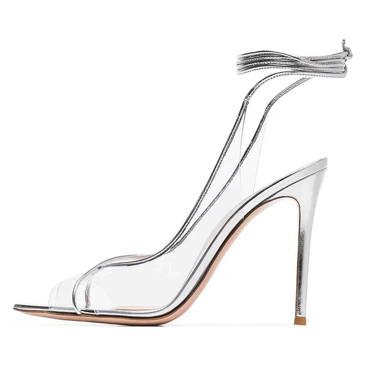 Silver transparent Heels Ankle Strap Stiletto Heel Sandals |FSJ Shoes