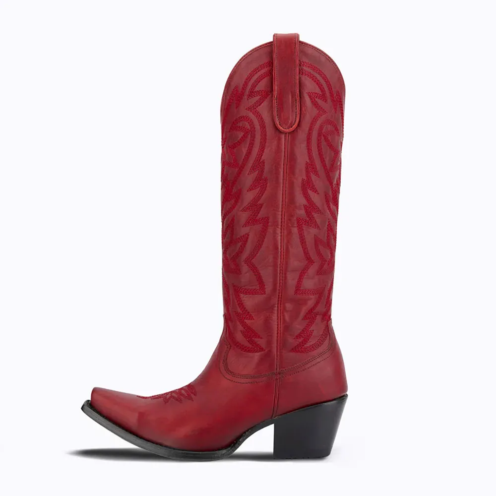 Distressed Block Heel Snip Toe Embroidered Red Cowgirl Boots