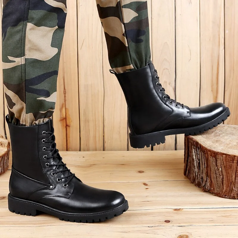 Men's Moto Boots Outdoor Mid-calf Army Boots Men's Leather Military Desert Tactical Boot Shoe Black Combat Boots Walker Peak