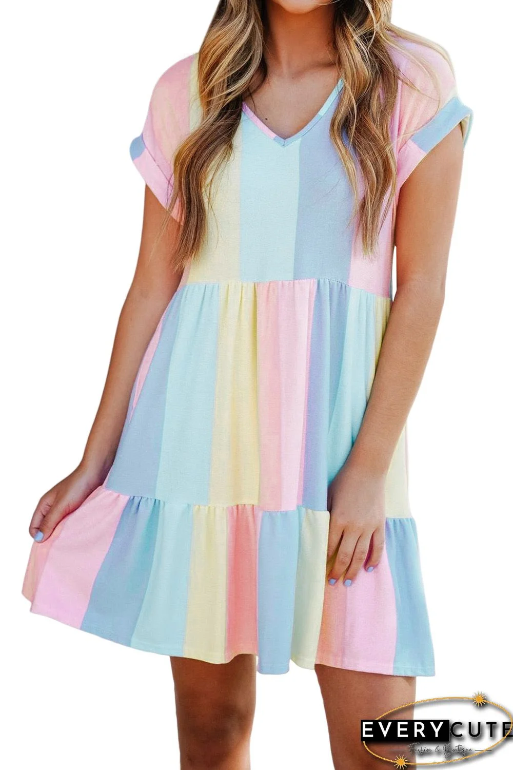 Multicolor Striped Color Block Tiered Mini Dress