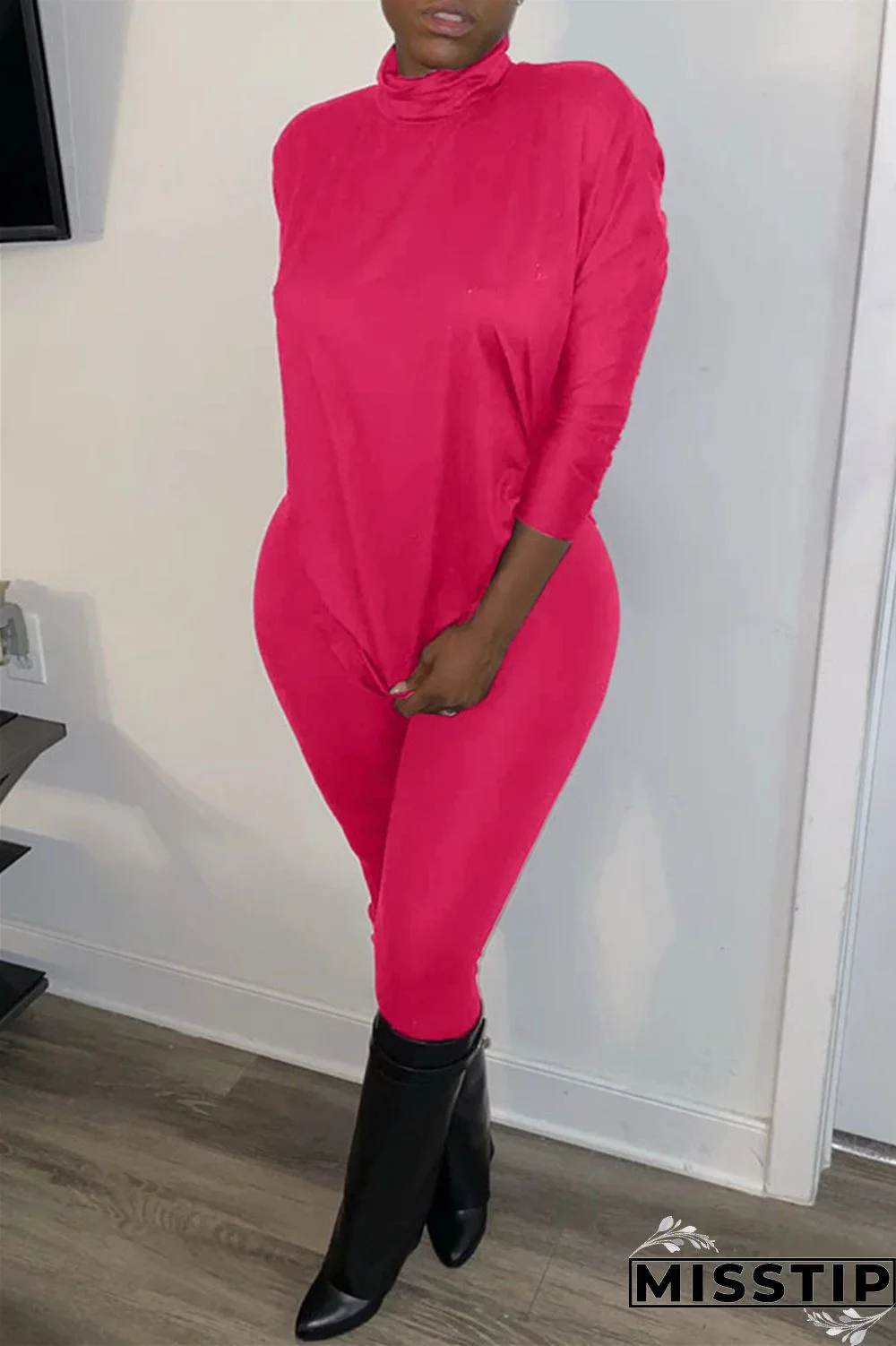 rose red Fashion Casual Solid Turtleneck Long Sleeve Regular Sleeve Regular Two Pieces