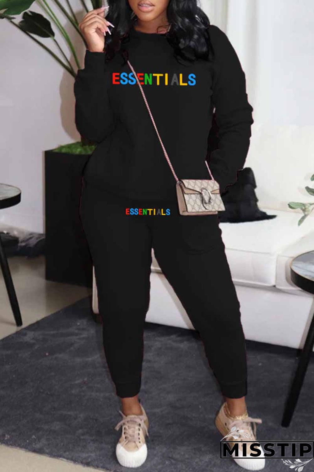 Black Casual Print Letter O Neck Long Sleeve Two Pieces