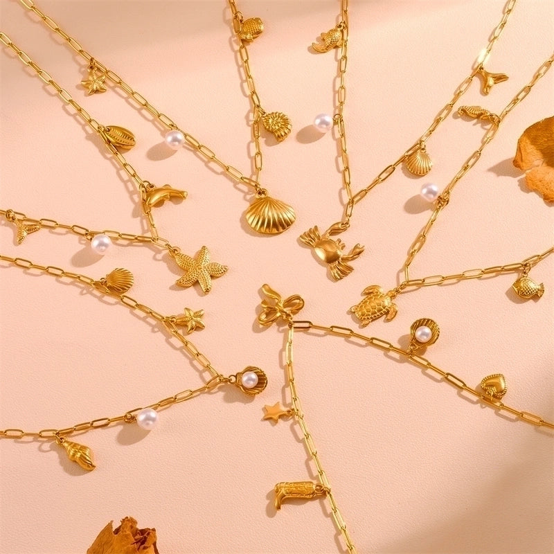 Cute Sweet Star Bow Knot Shell Titanium Steel Pearl 18K Gold Plated Hollow Out Inlay Pendant Necklace