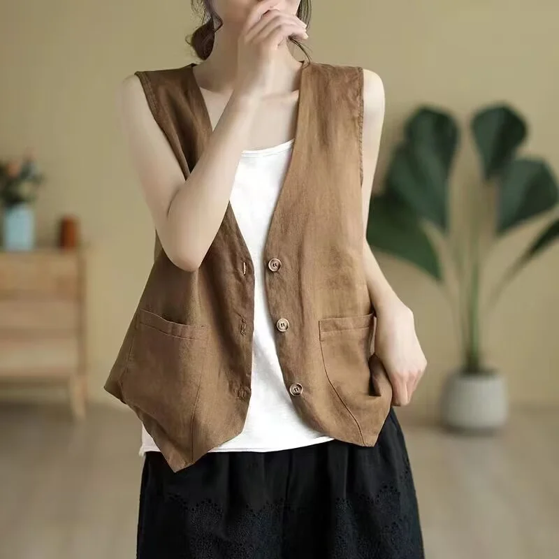 Uveng Uveng Retro Art Hook Sleeveless Vest Lady Loose V Collar Horse Clip Single Buckle Cardigan Shirt