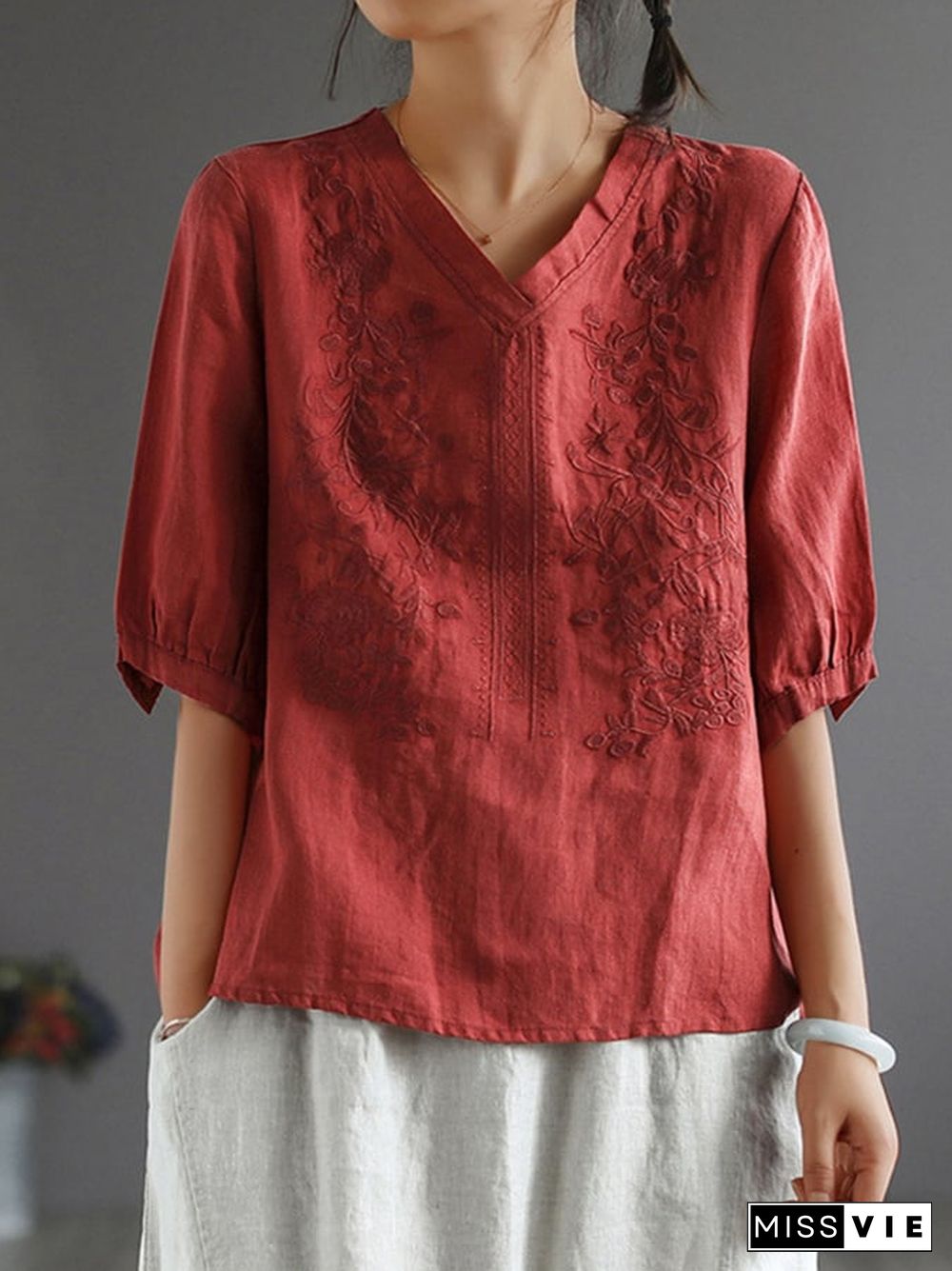Cotton Embroidered Solid Color Quarter Sleeved Shirt