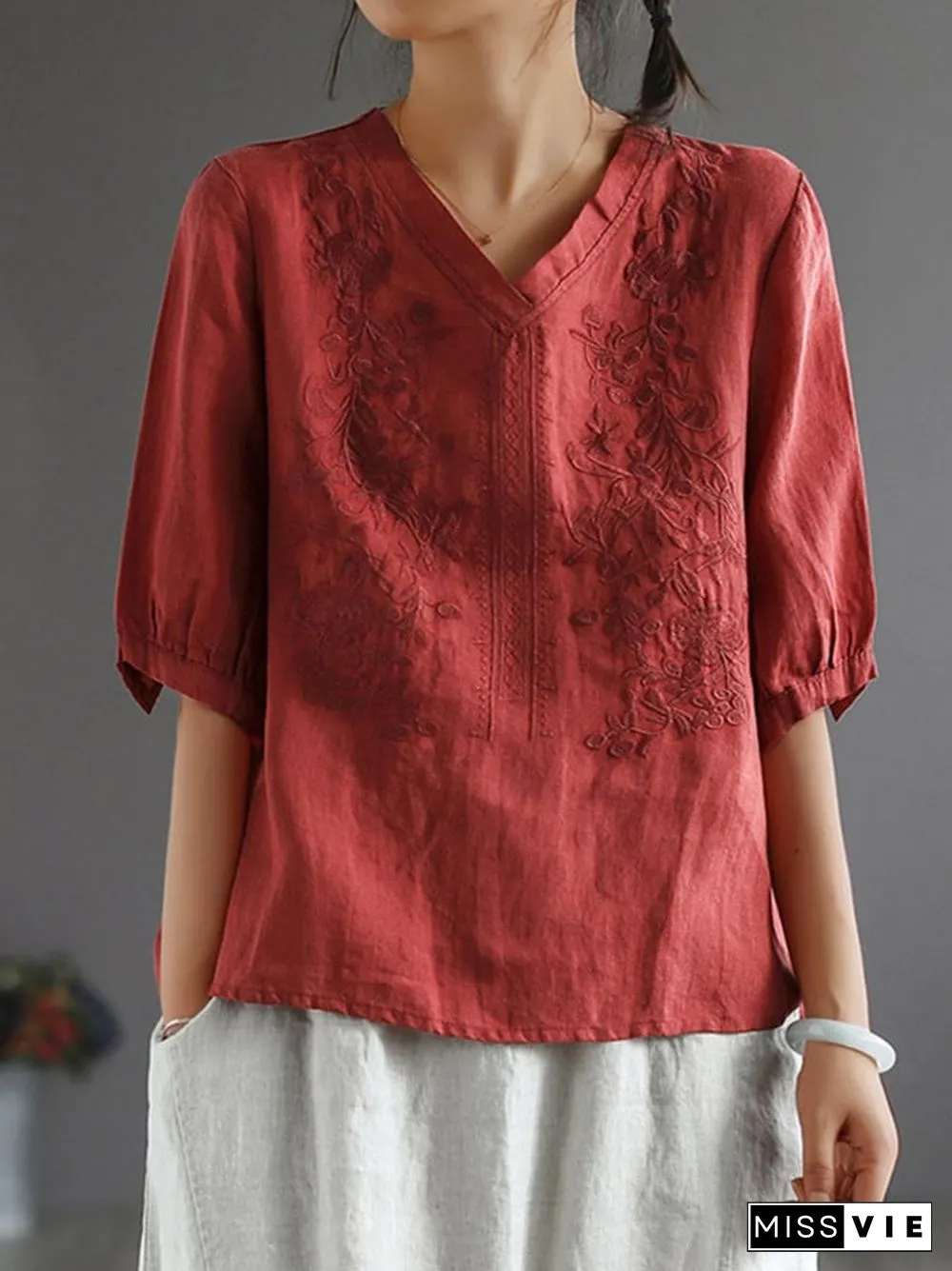 Cotton Embroidered Solid Color Quarter Sleeved Shirt