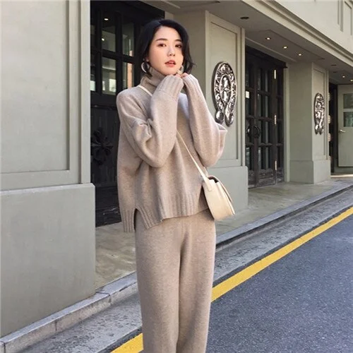Women Winter Suit Sweater Tracksuit Knitted Turtleneck Clothes 2 Pieces Set Pants Ladies Loose Clothing Suits Female 2019