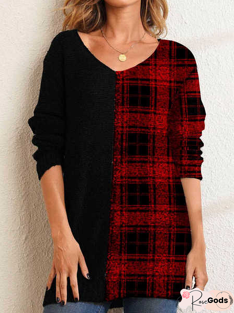 Casual Plaid Stitching V Neck Long Sleeves Tops