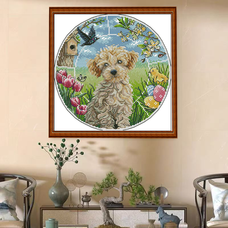1set DIY Printed Cross Stitch Kit, 【CC2227- Spring dog】aida cross stitch Painting Fairy Cross Stitch