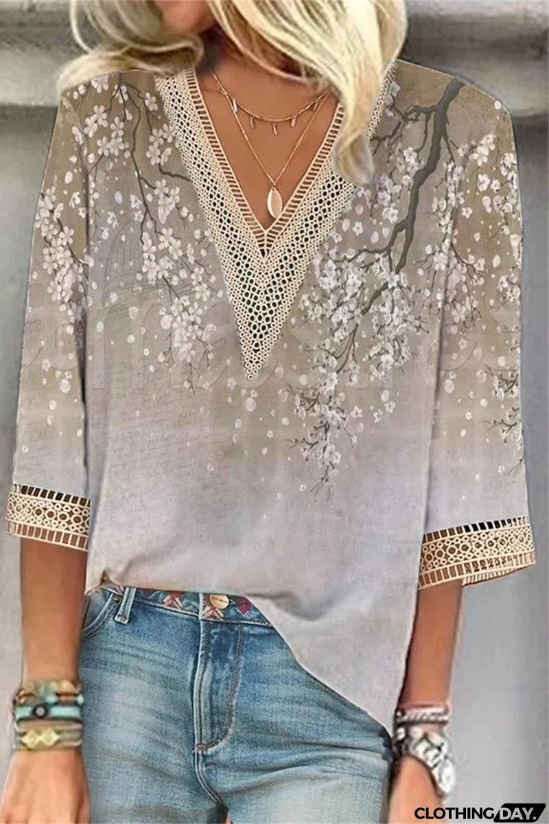 Casual Street Print Patchwork V Neck T-Shirts(6 Colors)