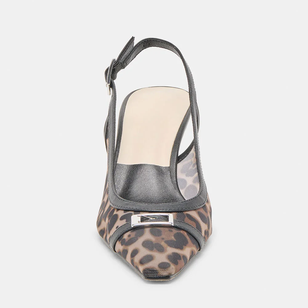 Beige Pointed Toe Leopard Print Slingback Flared Heel Pumps for Women