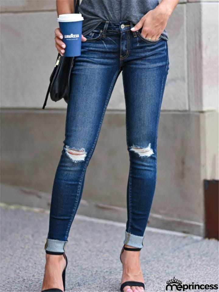 Slim Fit Mid-Rise Ripped Washed Pocket Skinny Denim Pants