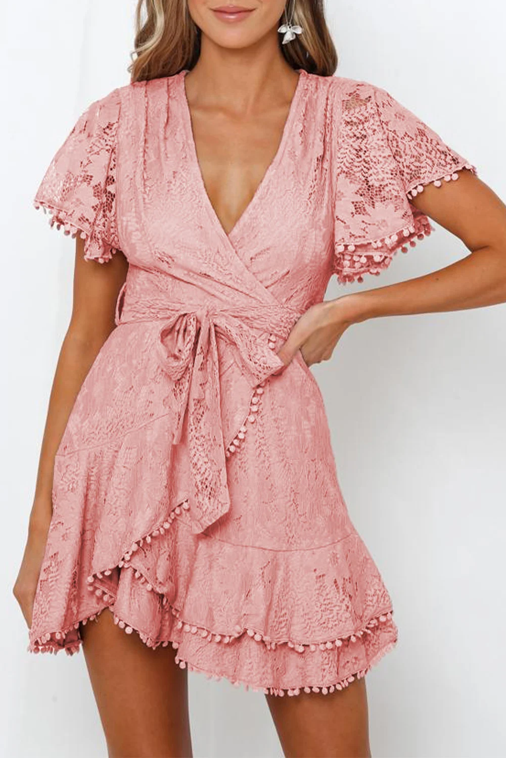 Pink Flutter Sleeve Wrap V Neck Floral Lace Short Dress | IFYHOME