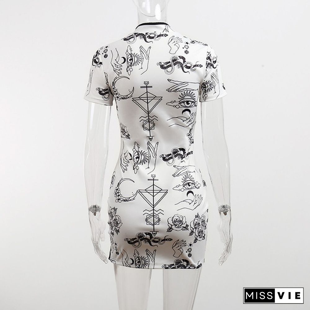 Women's Vintage Cheongsam Print Dress Floral White Short Sleeve High Waist Skinny Mini Dress Party Slit Cheongsam