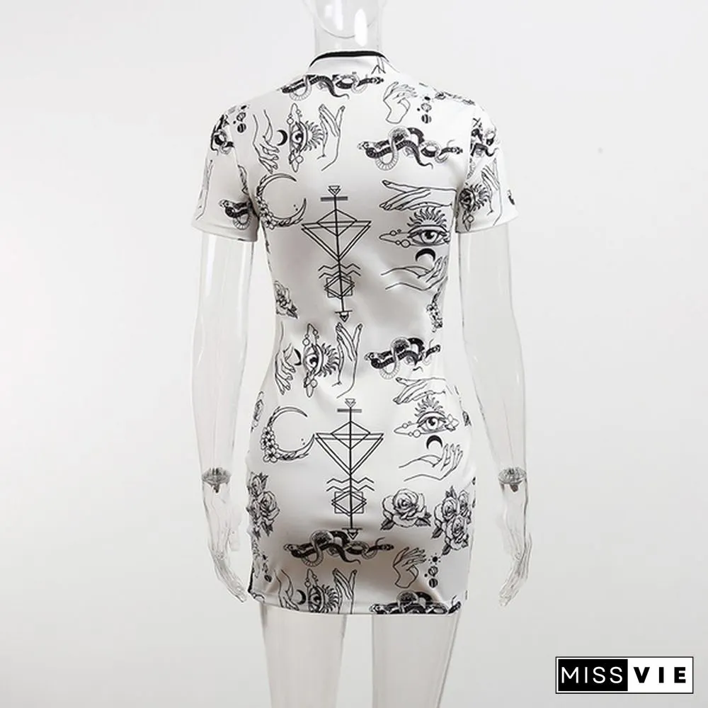 Women's Vintage Cheongsam Print Dress Floral White Short Sleeve High Waist Skinny Mini Dress Party Slit Cheongsam