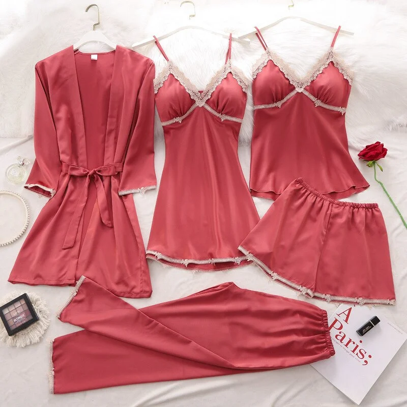5PCS Pajamas Set Spring Summer Female Kimono Bath Robe Gown Sleepwear  Lace Trim Nightgown Lingerie Loose Satin Home Wear