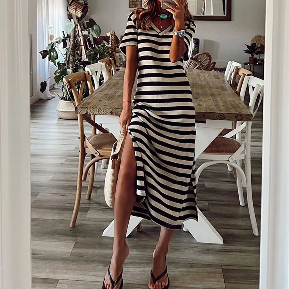 Smiledeer 2023 summer V-neck striped slit short-sleeved dress