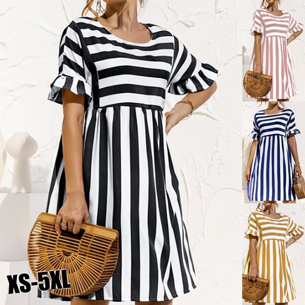 New Fashion Women Summer Long Dresses Round Neck Short Sleeved Dress Stripe Beach Dress Plus Size - BlackFridayBuys
