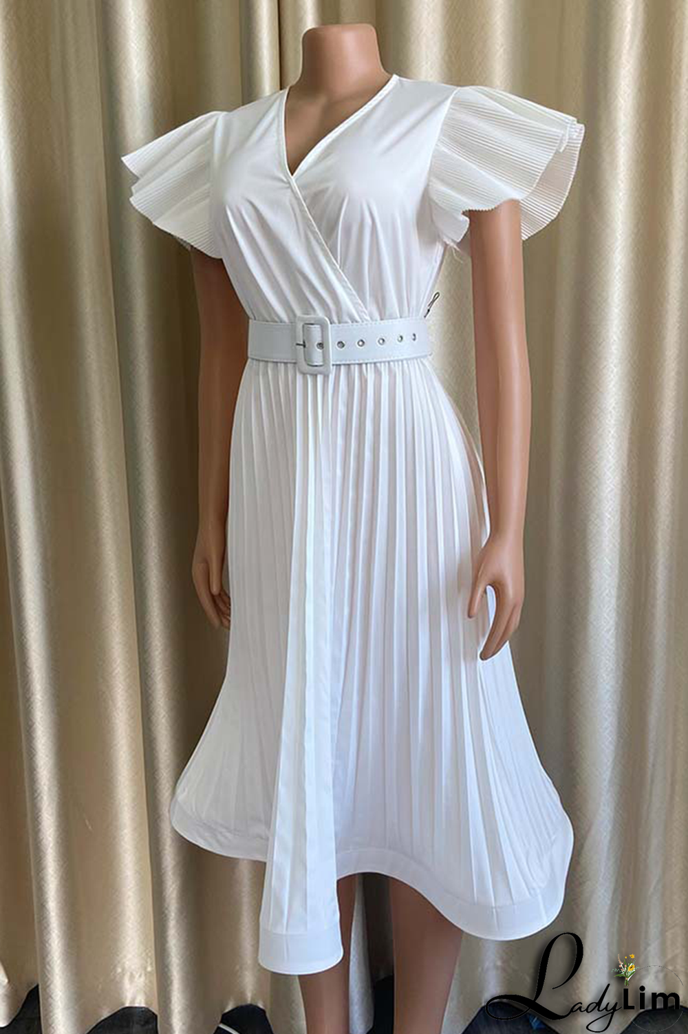 Pink Casual Solid Flounce Cross Straps V Neck Cake Skirt Dresses