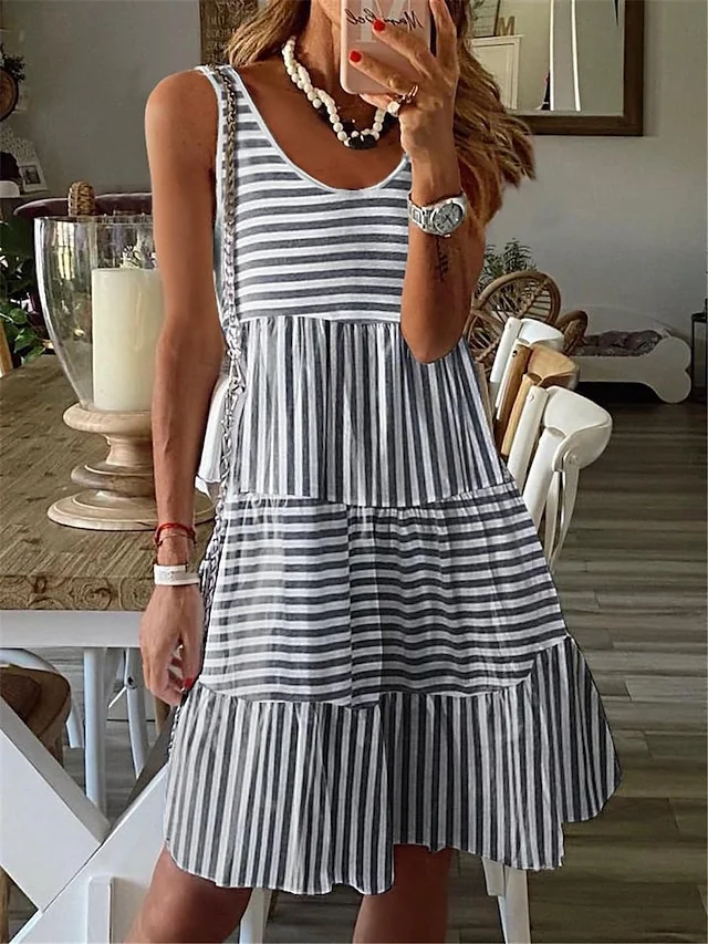 Women's Casual Dress Tank Dress Stripe Pocket Print U Neck Mini Dress Date Vacation Sleeveless Summer