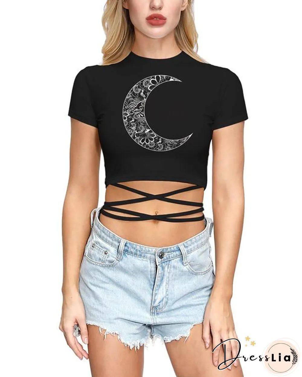 MOON PRINT TIE DETAIL CASUAL T-SHIRT