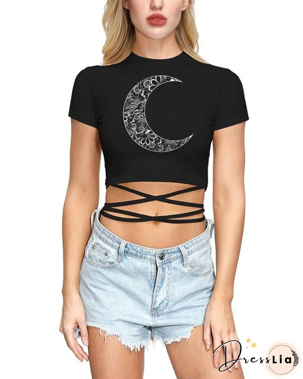 MOON PRINT TIE DETAIL CASUAL T-SHIRT