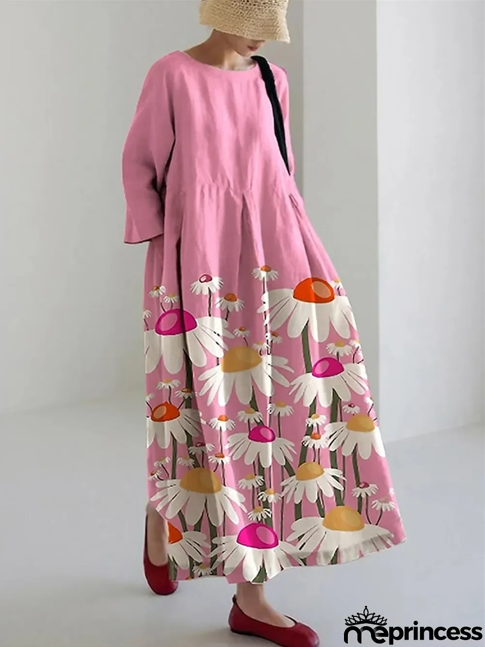 Women's Winter Dress Swing Dress Floral Print Pocket Crew Neck Long Dress Maxi Dress Fashion Streetwear Outdoor Daily 3\/4 Length Sleeve Loose Fit White Pink Royal Blue Fall Winter S M L XL XXL