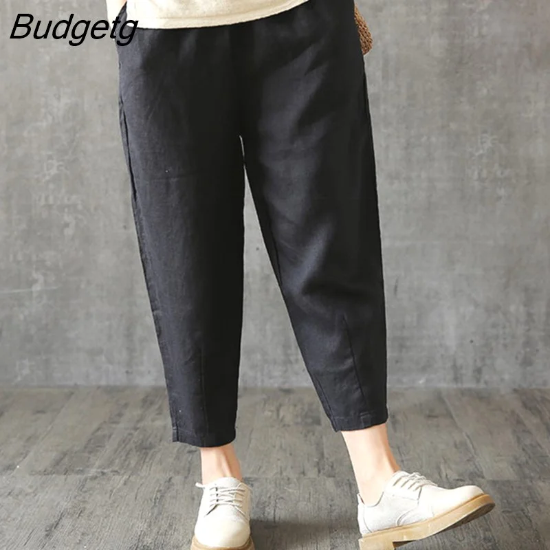 Budgetg 2023 Summer Cotton Linen Pants Women Solid Color Elastic Waist Harem Trousers Woman Thin Ankle Length Casual Pants Ladies
