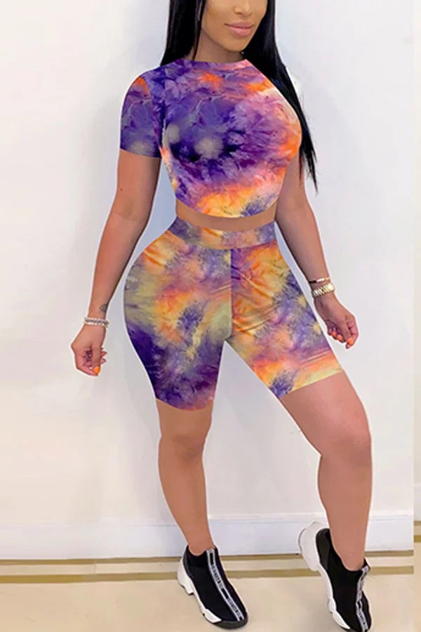 purple venetian Fashion Street Print Two Piece Suits Skinny Short Sleeve Two Pieces