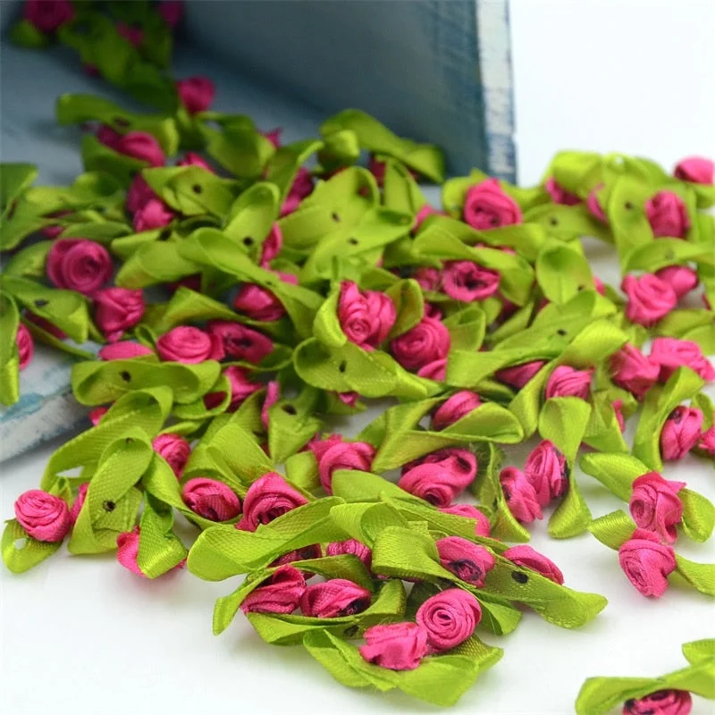 300pcs Mini Satin Ribbon Flower Silk Rose head Ribbon DIY Wedding Bow Appliques Craft Sewing Clothing Accessories  Decoration