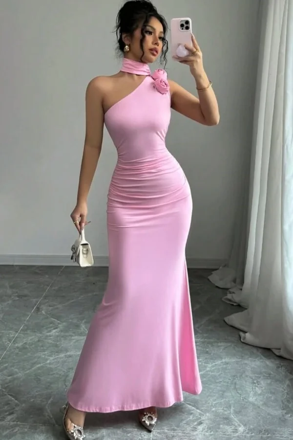 Sweet Candy Pink Halter One-Shoulder Slim Fit Stretchy Prom Dress ZT0799