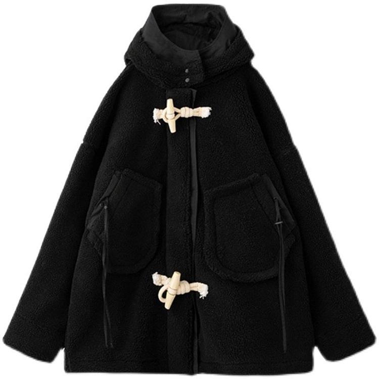 Warm Loose Hooded Solid Color Horn Buckle Pockets Long Sleeve Lambswool Thick Coat 