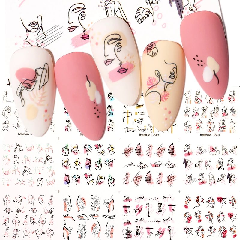 Agreedl 12 Styles Nail Water Decals Abstract Lady Face Pattern Nail Stickers Color Block Lines Leaf Flowers Sliders Manicures Foils Tips