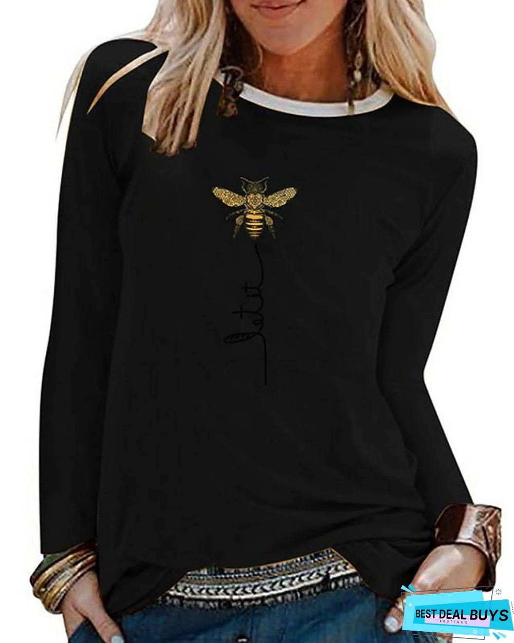 Women's T-shirt Graphic Prints Long Sleeve Round Neck Tops Cotton Basic Top White Black Blue