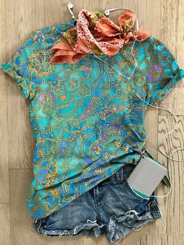 Printed Casual Crew Neck Tops