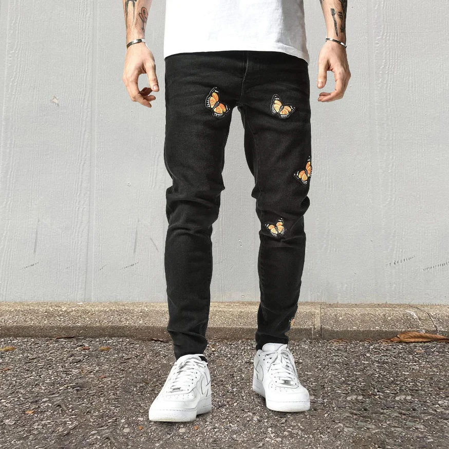 Butterfly pattern personalized street pencil pants jeans