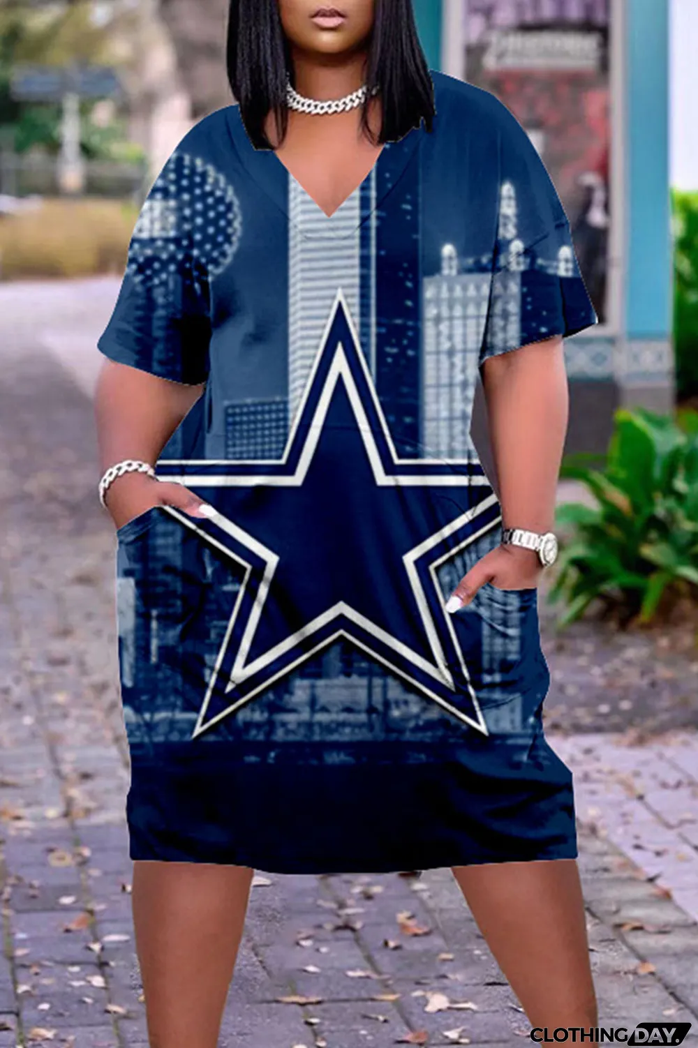 Blue White Casual Print Patchwork V Neck Straight Dresses