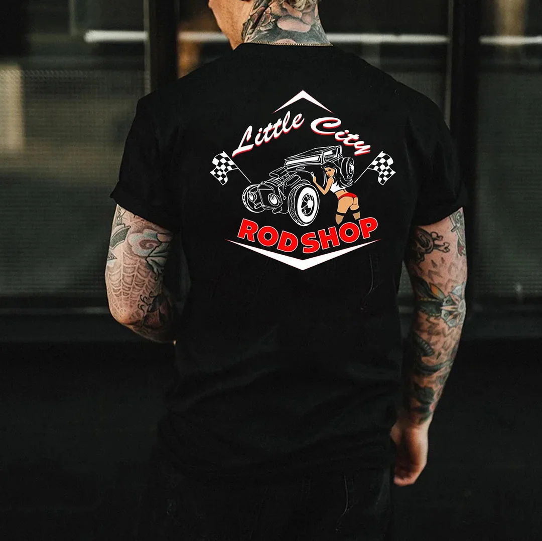 LITTLE CITY ROD SHOP Sexy Lady Classic Car Print Men's T-shirt