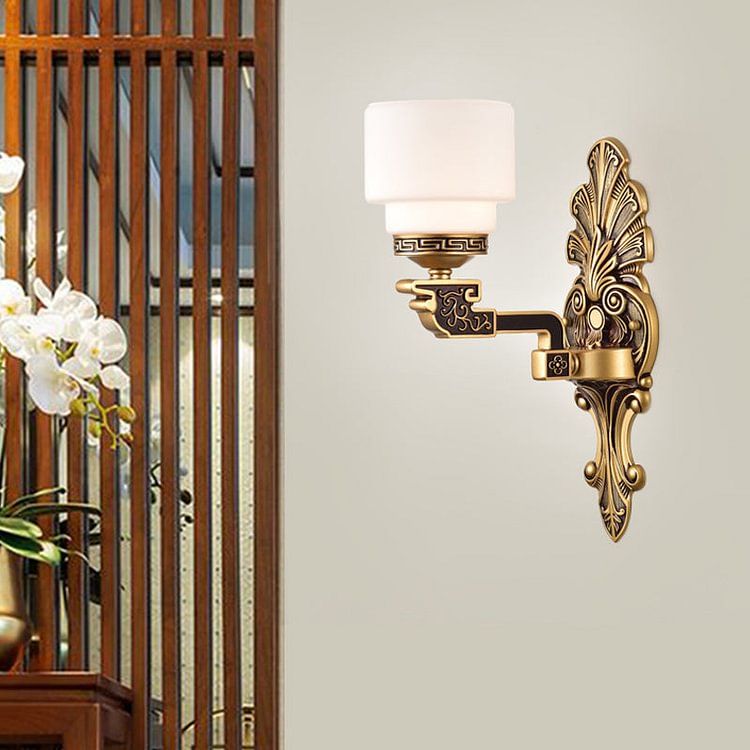 Brass 1/2-Light Wall Mounted Lighting Vintage Stylish Frosted White Glass Drum Shade Wall Sconce