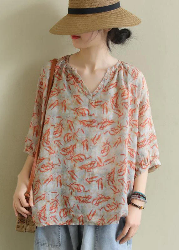 Vintage Orange V Neck Print Patchwork Cotton Shirt Summer