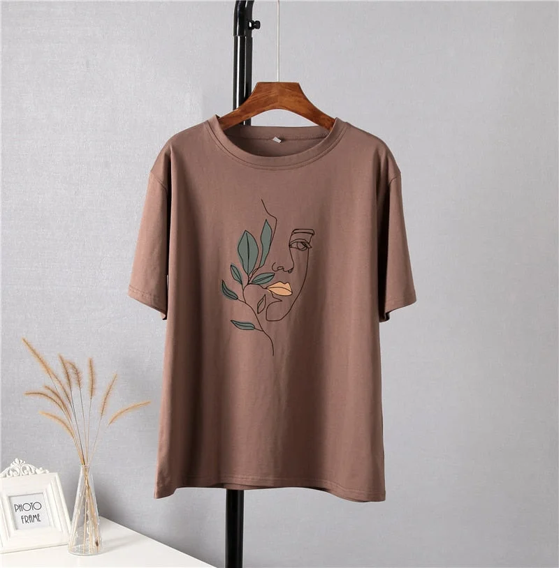 Hirsionsan Abstract Print T Shirt Women Summer New Oversized 100% Cotton Tees Casual Loose Aesthetic Tshirt O Neck Khaki Tops