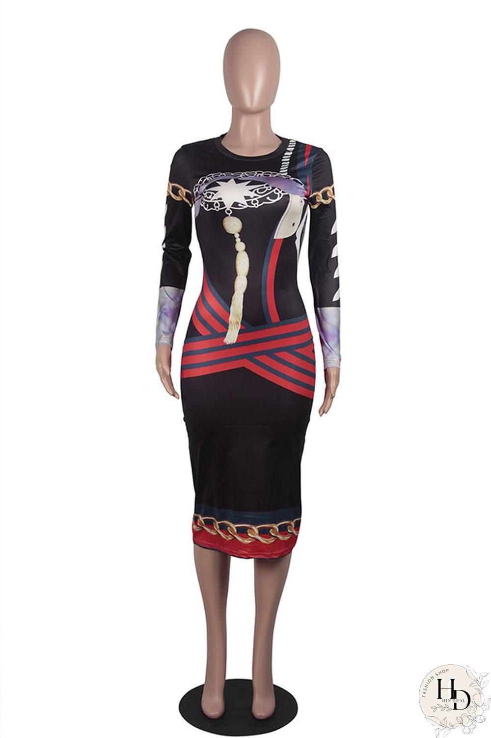 As Show Fashion Long Sleeves O neck Slim Dress Mid-Calf Print Print Dresses