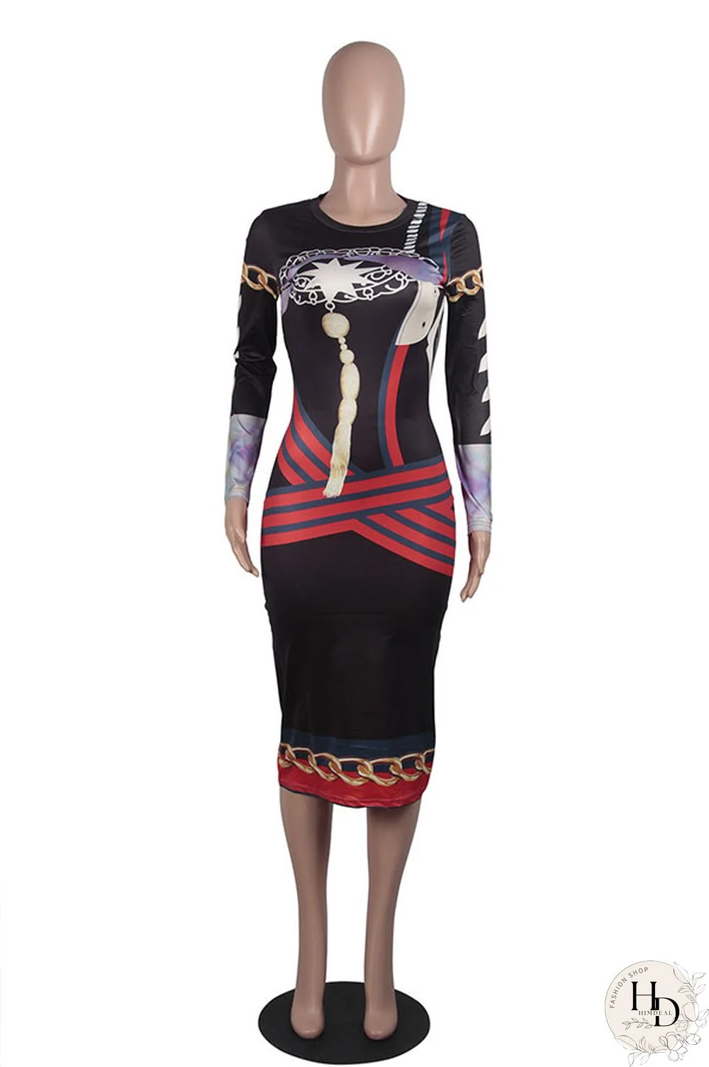 As Show Fashion Long Sleeves O neck Slim Dress Mid-Calf Print Print Dresses