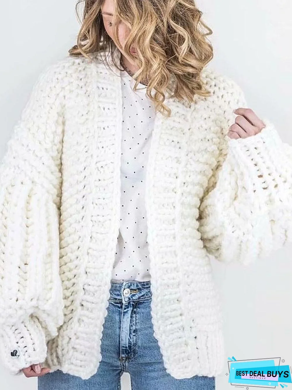 Fashion Knitting Solid Color Long Puff Sleeves Sweater