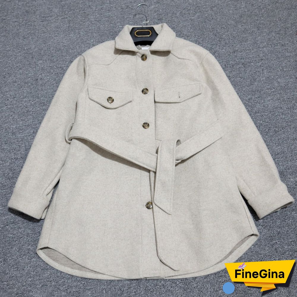 Autumn Winter Women's Vintage Woolen Coat Chic Sashes Long Sleeve Elegant Shirt Jacket Female Outwear Tops Casual Loose Overcoat