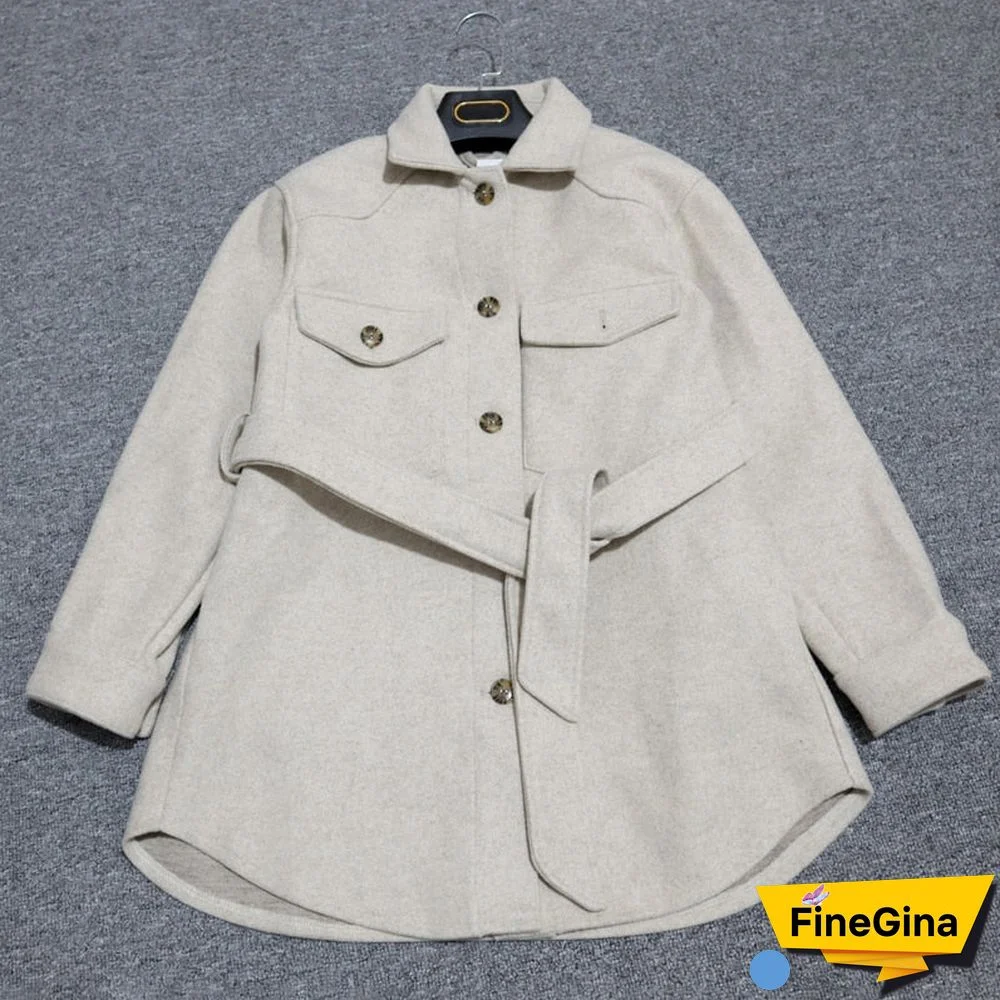 Autumn Winter Women's Vintage Woolen Coat Chic Sashes Long Sleeve Elegant Shirt Jacket Female Outwear Tops Casual Loose Overcoat