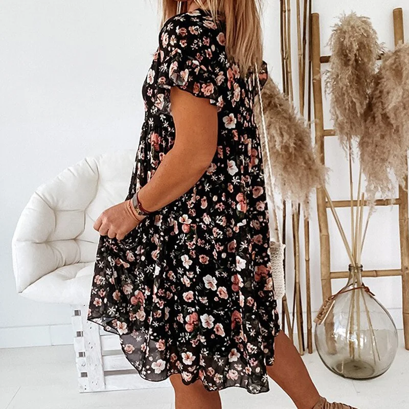 Boho Floral Dress Women Summer Flower Mini Dresses Female Print Short Sleeve A-Line Ruffles Loosed Dress Ladies Beach Vestidos