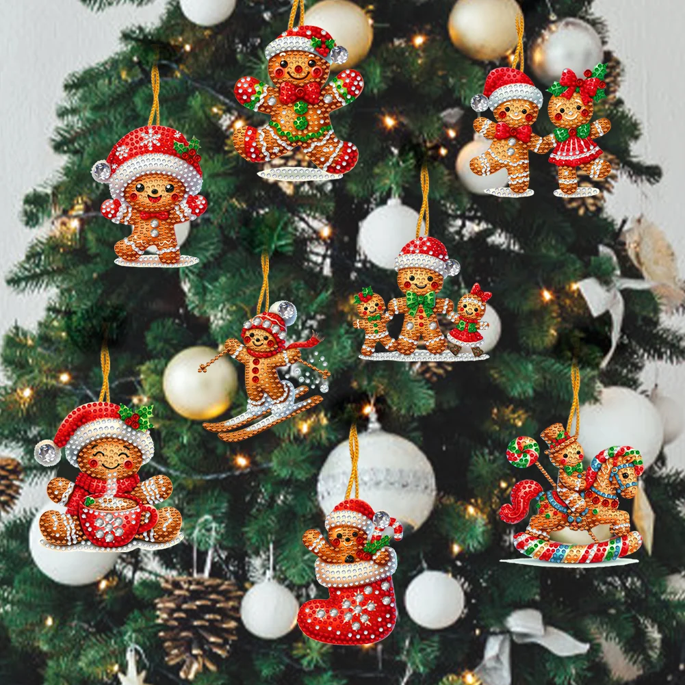 8Pcs DIY Christmas Gingerbread Man Acrylic Special Shaped Christmas Theme Diamond Painting Hanging Decorations