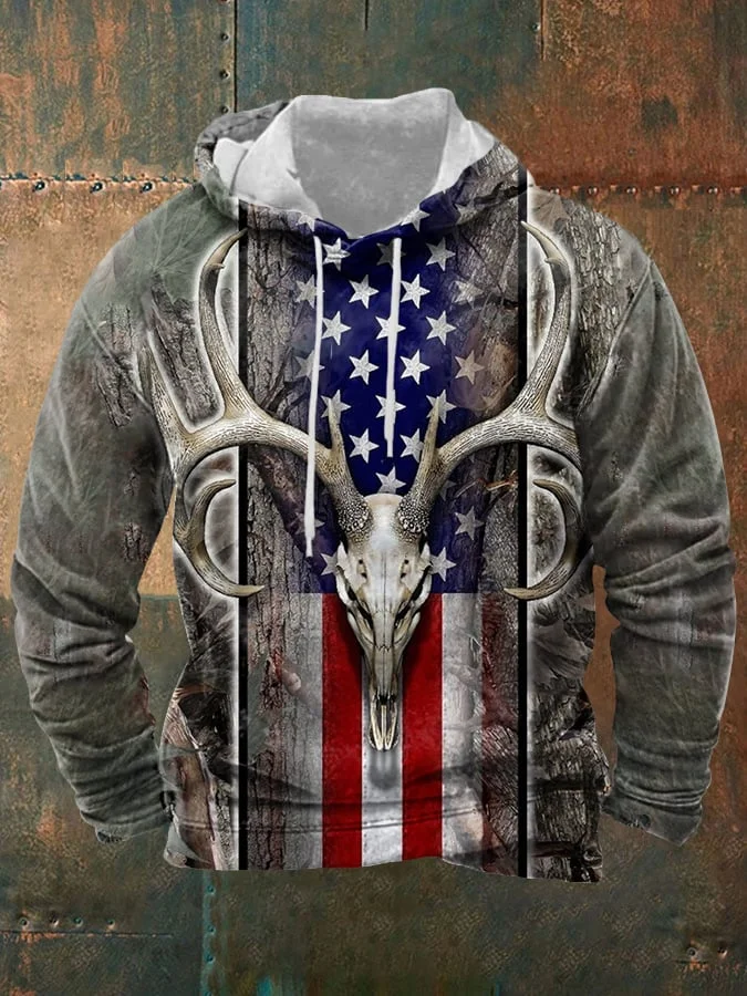Men's American Flag Deer Head Print Hooded Sweatshirt